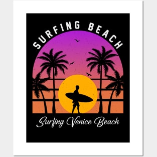 Sunset Vintage Venice Beach Waves Vacation Surfing Paradise Posters and Art